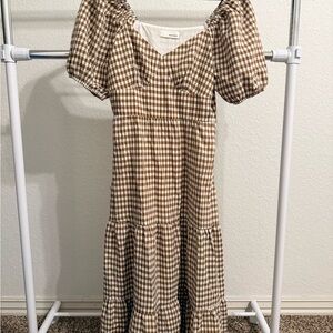 Brown Gingham Puff Sleeve Dress